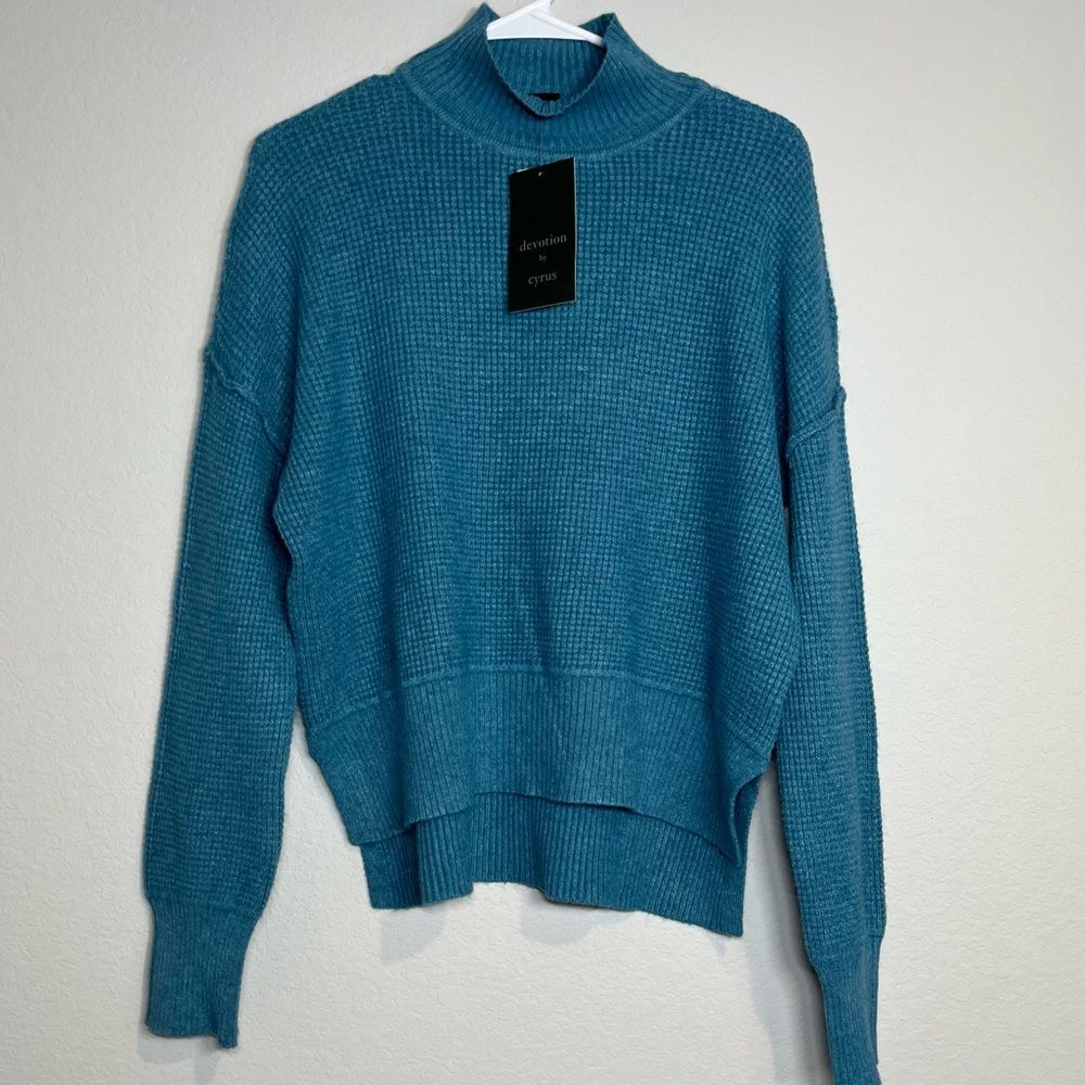 Cyrus Woman's Small Mock Neck Waffle Knit Sweater Teal Heather career